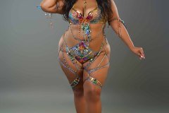 Standard-tiara, std necklace, std arm pcs, std leg pcs, padded bra,  gem high waist bottom.