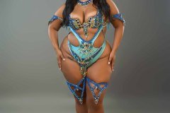 Standard-tiara, std necklace, std arm pcs, std leg pcs, padded bra &amp; gem fauxkini  bottom  w belt. 