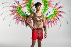 Male - head pc , chest pc, belt, shorts, arm pcs , leg pcs and large backpack.